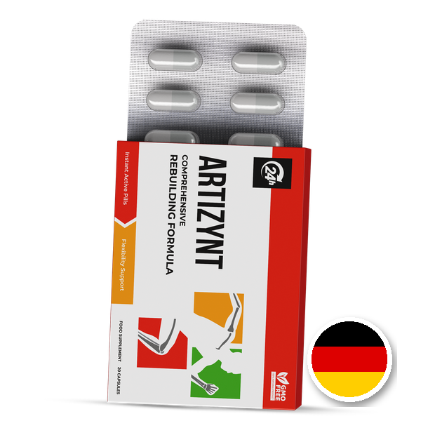 Packung ArtiZynt Capsules mit Kapselblister — rot-weiße Schachtel, 20 Kapseln