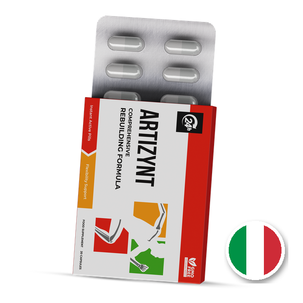 Scatola di ArtiZynt Capsules con blister di capsule — confezione rossa e bianca, 20 capsule